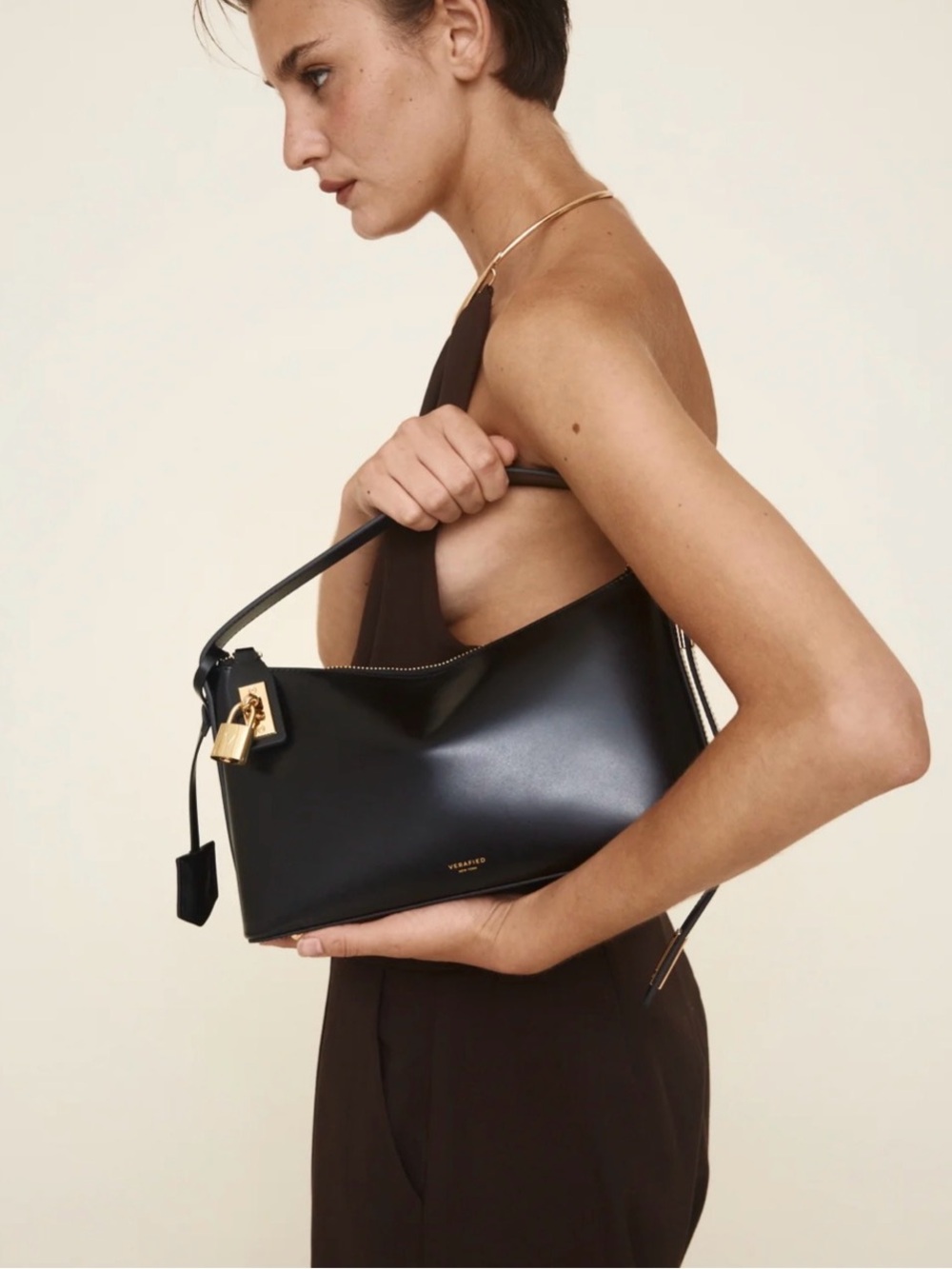 Black Leather Shoulder Bag with Gold Hardware